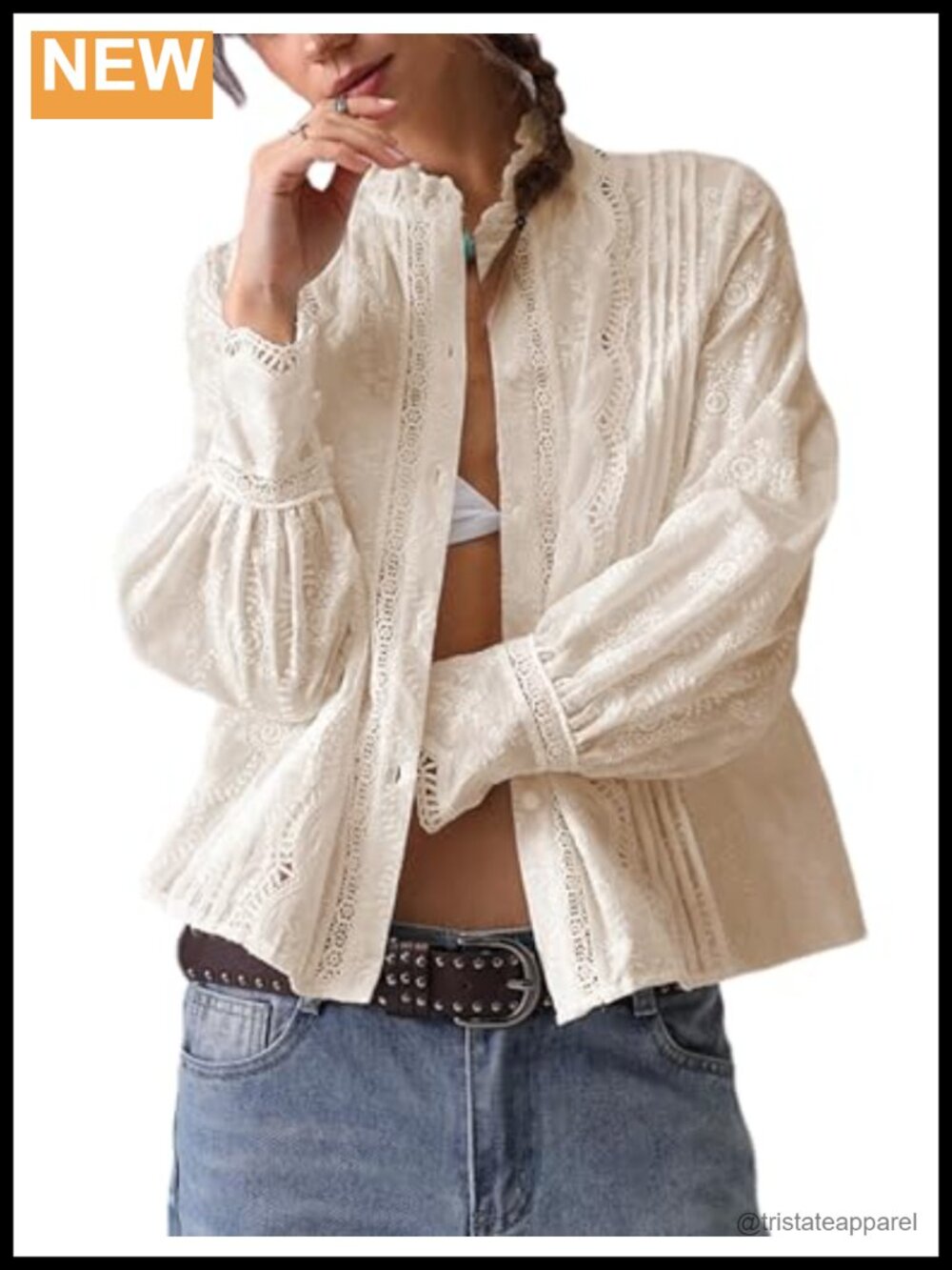 Lace Embroidered Eyelet Cutout Long Sleeve Blouse - Slim Fit Sheer Casual Top